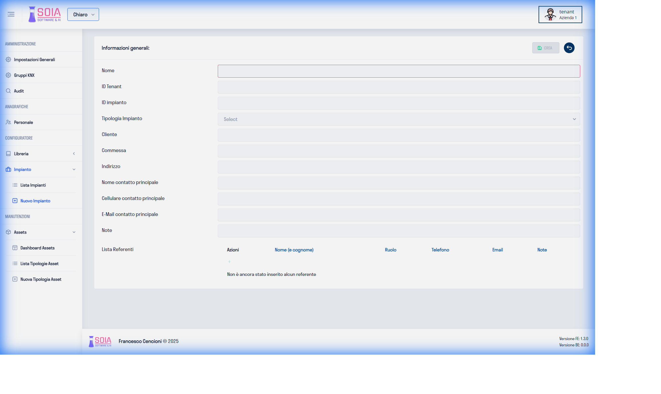 Form Creazione Impianto